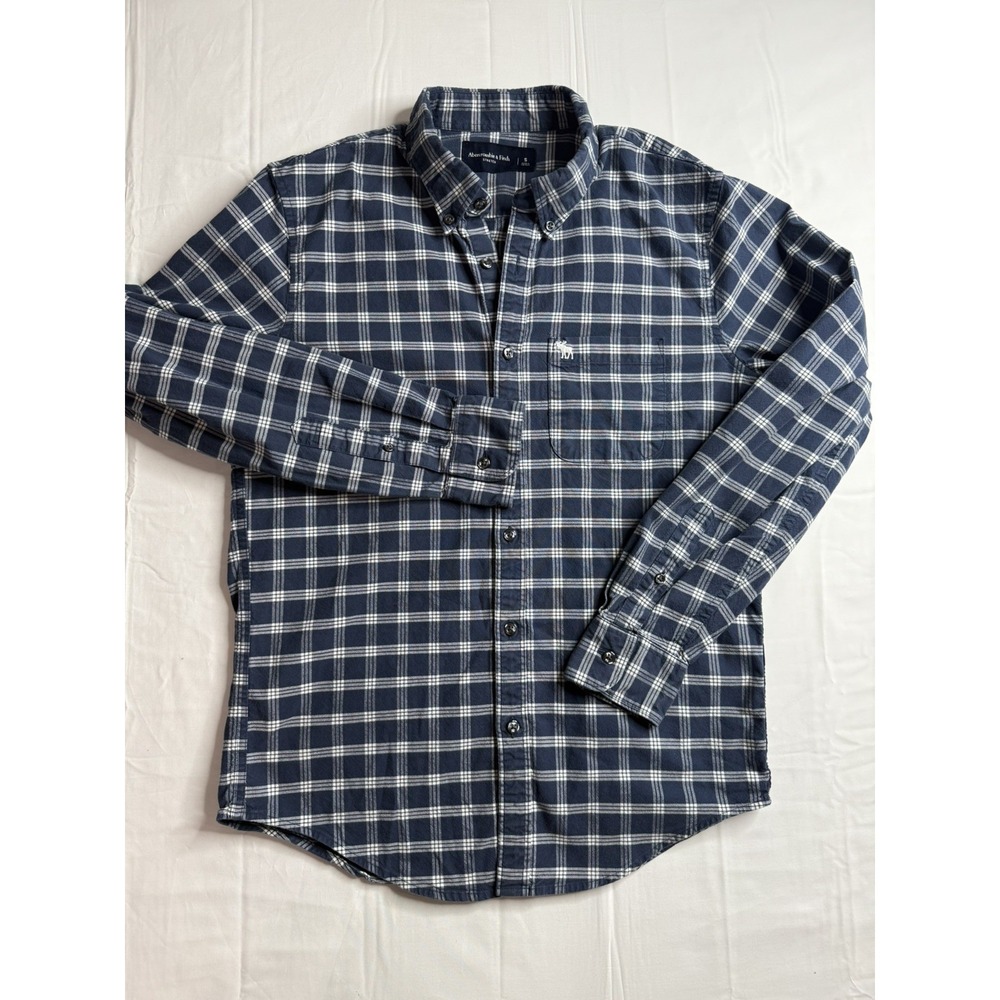 Abercrombie and Fitch Men's Small Button Down Blue White Plaid Casual Stretch